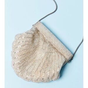 Vintage Beaded Clutch Purse Kiss Lock Estate Crossbody Iridescent Shell Pearl